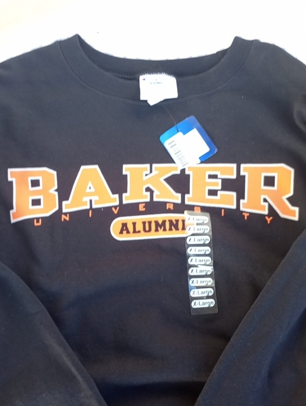 Champion Black Crewneck with Orange and Gold 'BAKER' Graphic